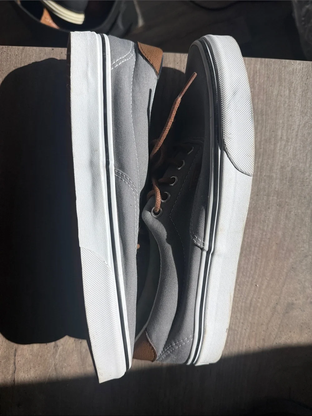 Vans Men’s Gray Canvas Low-Top Sneakers with Brown Laces & Brown Leather Heel